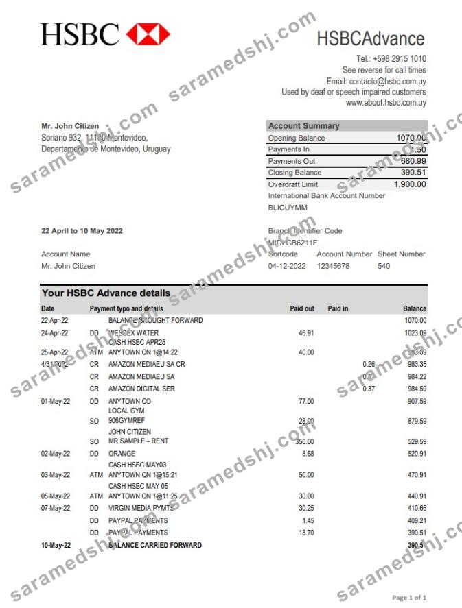 Uruguay HSBC bank statement